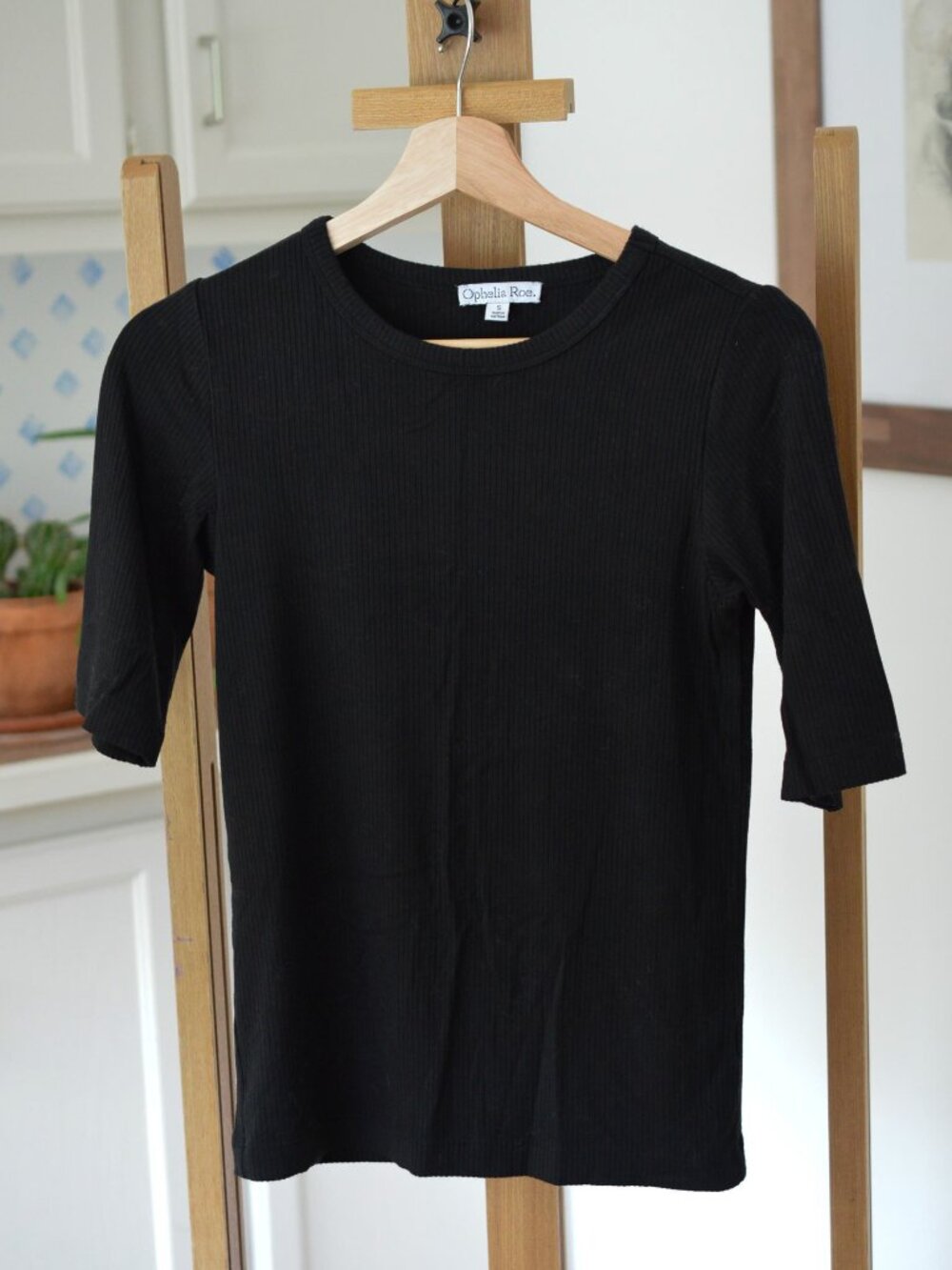 Ophelia Roe Black Fine Ribbed Knit Elbow Sleeve Top